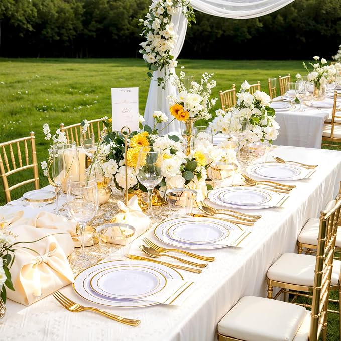 GATHER 175 Pieces Gold Dinnerware Disposable - White and Gold Plastic Plates Includes 50 Plates, 25 Plastic Silverware, 25 Napkins, 25 Cups for Wedding Party