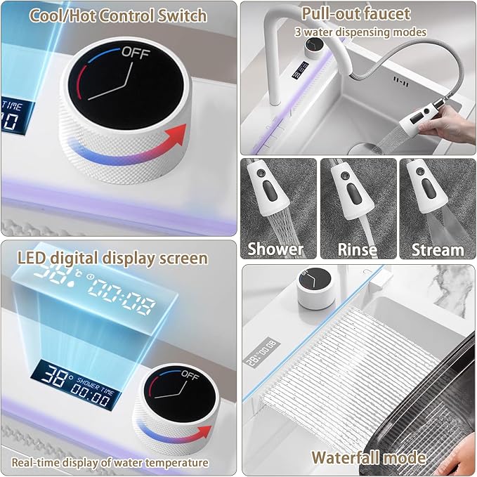 26.8 inch White Smart Digital Display Waterfall Sink, 304 Stainless Steel Modern Kitchen Sink with 5 Water Outlet Modes, Waterfall Pull-Out Faucet, Cup Washers and Accessory Set