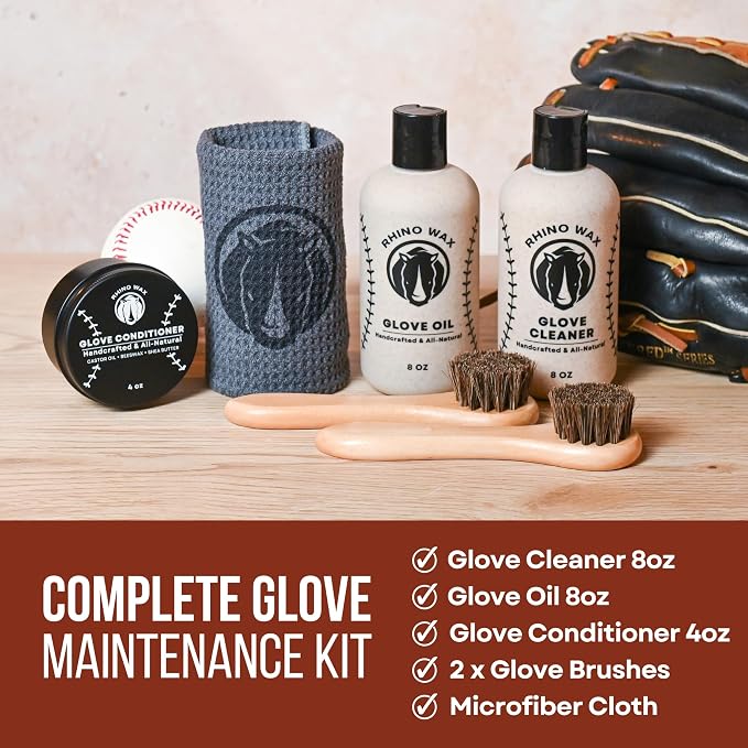 Rhino Wax Baseball Glove Care & Maintenance Kit with Oil & Conditioner | Maintain baseball gloves with premium oil and conditioner that preserve glove quality, flexibility and extend glove life.