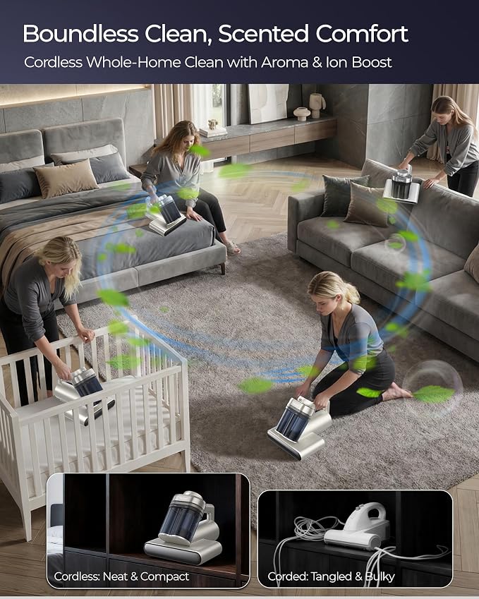 Teant Upgrade Cordless Mattress Vacuum with 18kPa Ultra-Deep Suction, 2-Speed Bed Vacuum with 33000 RPM/Min Roller Brush, 253.7nm UV-C Light & LED Display, 149℉ Heat, Aroma & Anion for Bed Sofa