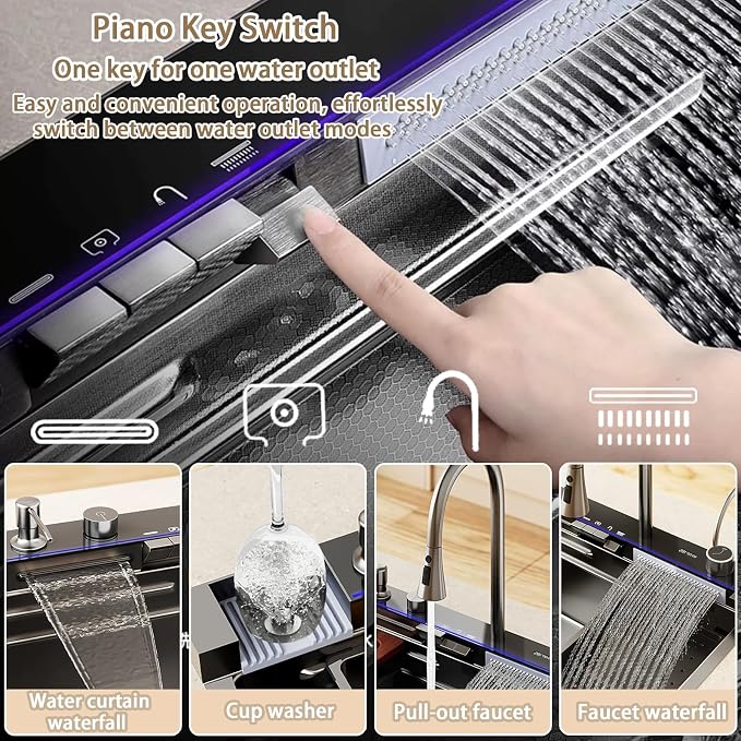 29.5 inch Smart Digital Display Waterfall Sink, 304 Stainless Steel Modern Kitchen Sink with 5 Water Outlet Modes, Waterfall Pull-Out Faucet, Cup Washers and Accessory Set
