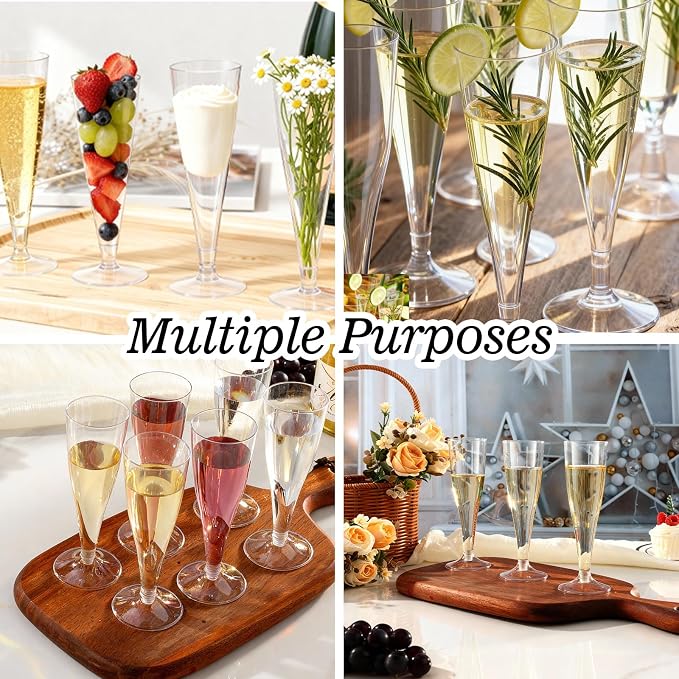 Bestluck 100 Pack Champagne Flutes Plastic, 4.5 oz Clear Plastic Disposable Stemware, Disposable Champagne Flutes for Party, Mimosa Bar, Wedding, Anniversary and Graduation