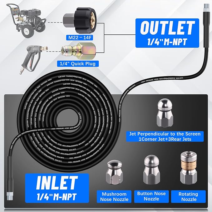 Sewer Jetter Kit 100FT for Pressure Washer 5800PSI Drain Cleaner Hose 1/4" NPT Corner Rotating and Button Hose Sewer Jetting Nozzle Waterproof Tape Pearl Corsage Pin with 2 Spanner