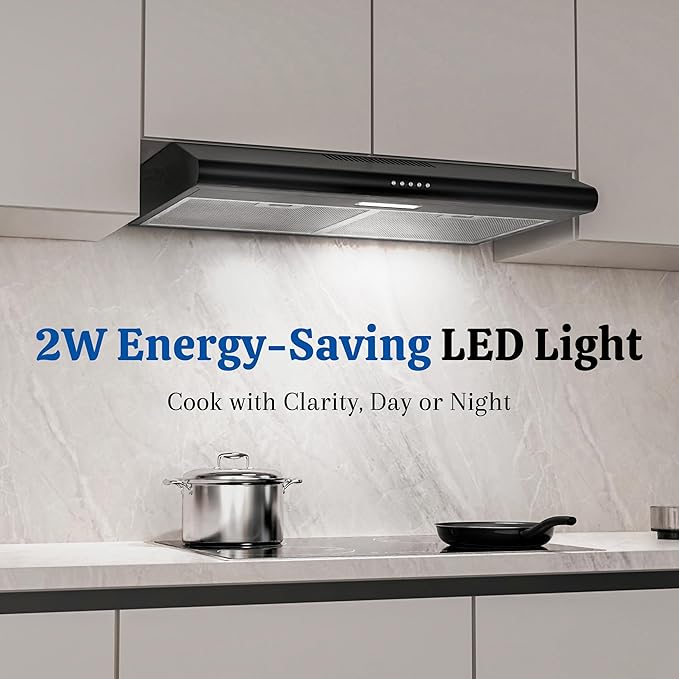 FIREGAS Under Cabinet Range Hood 30 Inch Black, Ducted/Ductless Convertible Kitchen Vent Hood with 250 CFM, 3-Speed Fan & LED Lights for Stove Ventilation