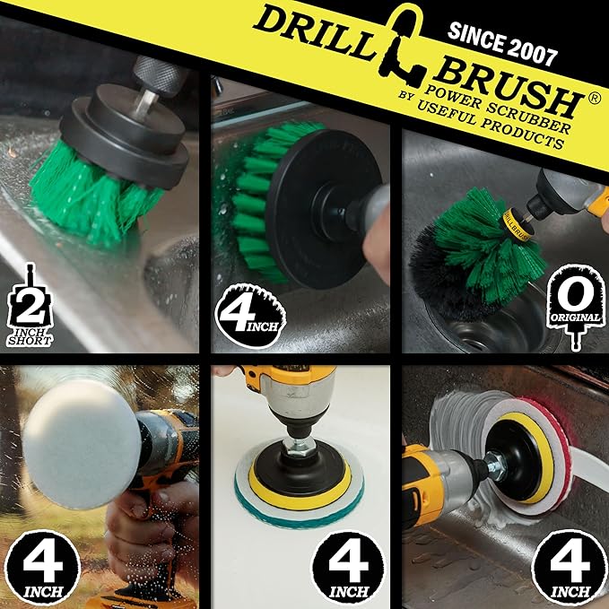 Drillbrush Kitchen Cleaning Supplies - Whole Household Scrubbing Pads and Medium Stiffness Brushes - Stove Top and Oven Rack Cleaning Brush Kit - Sink, Tile, Laminate, Vinyl, Pan, Countertop Scrubber