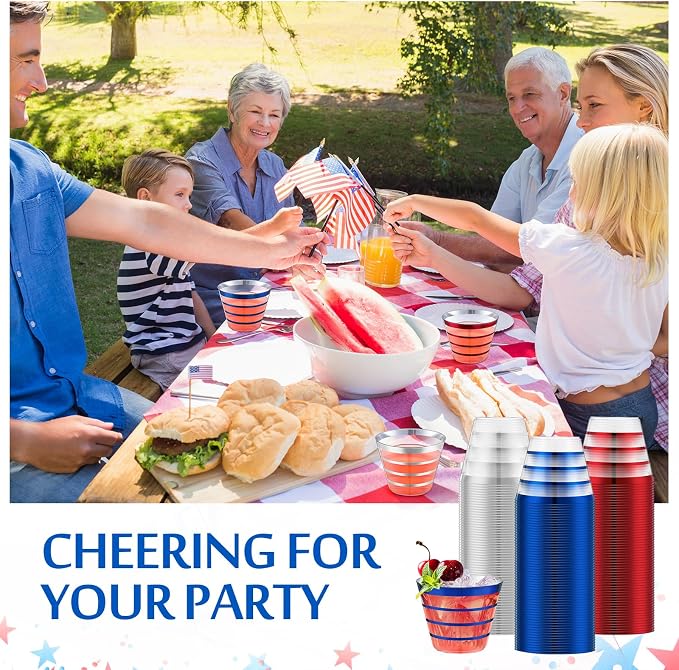 Gejoy 9 oz 60 Pcs 4th of July Rimmed Stripe Plastic Cups Bulk Disposable Wine Hard Plastic Drinking Cocktail Cups Tumblers for Wedding Gathering Party Supplies(Blue, Red, Silver)