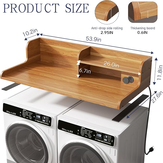 DTK Washer Dryer Countertop with Charging Station, 2 Tier Laundry Countertop with Anti-Slip Strips, 27.55" Depth x 54" Width, Wood Dryer Cover with Shelf, Maple