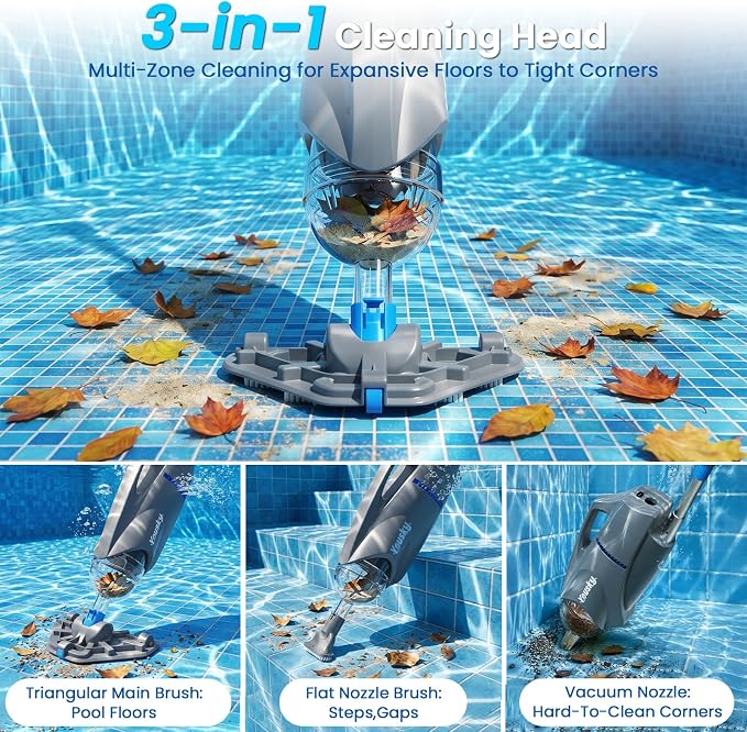 Cordless Handheld Pool Vacuum, 18.5GPM Strong Suction, Telescopic Pole, 45 Mins Runtime, Dual Brush Heads for Above Ground, Inground Pools, Spas & Hot Tubs, Vako H10