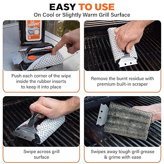 Proud Grill Q-Swiper BBQ Grill Cleaning Bundle – Grill Brush with Scraper + Heavy-Duty Grill Cleaning Wipes, Bristle-Free & Wire-Free Grease Removal Kit