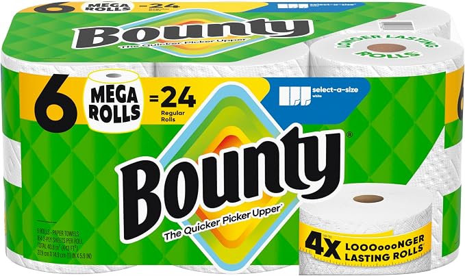 Bounty Select-A-Size Paper Towels, White, 6 Mega Rolls = 24 Regular Rolls