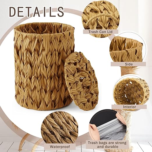 Ctosree 1.3 Gallons Small Trash Can with Lid Handle Boho Woven Braided Bathroom Waste Basket Trash Can with 100 Garbage Bags for Bedroom Office Laundry(Braided Polypropylene, Caramel Color)