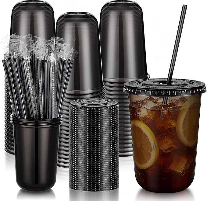 KesaPlan 50 Pack 16 oz Black Plastic Party Cups with Lids & Straws, Disposable Iced Coffee Cup with Lids, Round Bottom Drinking Cups for Cocktail Cold Beverages Birthday Wedding Picnics Party Supplies