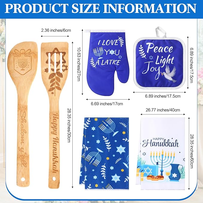 9 Pcs Hanukkah Kitchen Gift Include 1 Hanukkah Apron 2 Kitchen Towels 2 Wooden Spoons 1 Oven Mitts 1 Pot Holders 2 Dish Drying Mat Hanukkah Gifts for Home Decoration Chanukah Gift