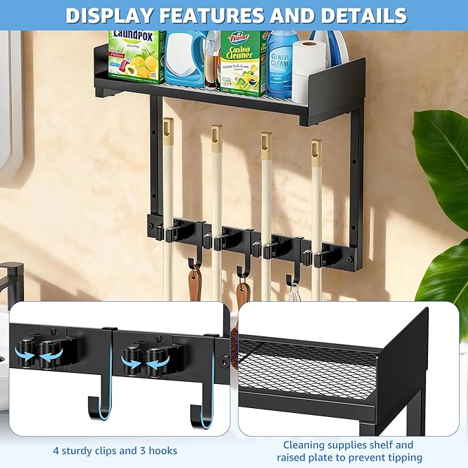 HUFAND Broom Holder Wall Mount, 15" Large Mop and Broom Organizer Wall Hanging with Top Storage Shelf, Heavy Duty Iron Utility Rack for Laundry Room, Garage, Kitchen, Garden - Black
