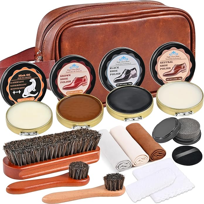 Cieex Shoe Polish Kit – 15PCS Shoe Care Kit with Black Brown Neutral Polish & Mink Oil, 3 Horsehair Brushes, Shoe Shine Kit for Leather Shoes & Boots with Travel Leather Bag – Gift for Men & Women