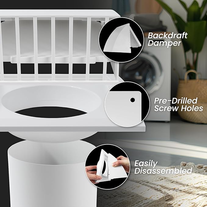 Repa Market 4 Inch Plastic Through Wall Ventilation kit - Dryer Vent Hood with Adjustable Pipe and Duct Connector - White - Dryer exhaust vent with Built in Gravity Damper