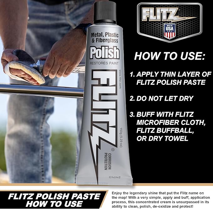 FLITZ Brass and Copper Restoration Kit - 16oz Tarnish Remover, 5.29oz Metal Polish Paste, 16" x 16" Microfiber Cloth and 2" Drill-Attachable BuffBall with 1.76oz Metal Polish Paste