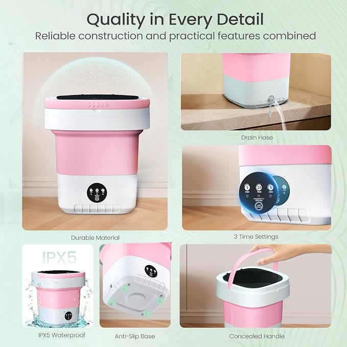 Portable Washing Machine 20L - Mini Washer with Spin Basket, 3 Cleaning Modes & Deep Wash for Small Clothes, Foldable Laundry for Apartment, Home, RV and Travel (Pink)