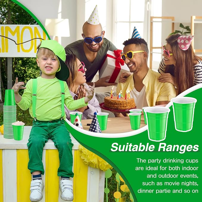 Lounsweer 100 Pcs 16 oz Disposable Party Cups Plastic Heavy Duty Drinking Water Cups for Birthday Baby Shower Wedding BBQ Picnic Party Supplies(Green)