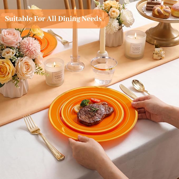 DaYammi 210PCS Orange Plastic Dinnerware Set Orange Plates Disposable Disposable Plates for Party Include: 30 Dinner Plates,30 Dessert Plates,30 Pre Rolled Napkins with Silverware,30 Cups for Wedding