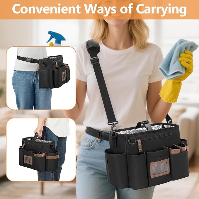 BAFASO Wearable Cleaning Caddy Bag with Adjustable Waist Belt and Shoulder Strap, Cleaning Supplies Organizer for Cleaners & Housekeepers, Black