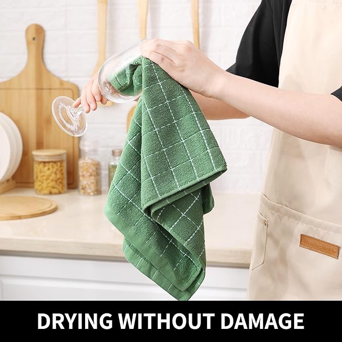 Homaxy Kitchen Towels and Dishcloths Set, 12 x 12 and 13 x 28 Inches, Set of 12 Bulk Cotton Terry Kitchen Towels Set, Checkered Designed, Soft and Super Absorbent Dish Towels, Grass Green