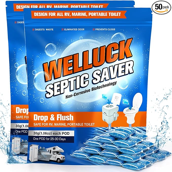 WELLUCK 50 Packs RV Black Tank Treatment Drop Ins, Black Tank Deodorizer for RV, Camping Tank Cleaners Chemicals, MAX Supplement kit for 50 Week, Pine & Cinnamon Scent (Pine&Cinnamon)