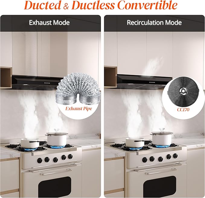 FIREGAS Black Range Hood 30 Inch Under Cabinet, Ducted/Ductless Convertible Kitchen Hood, 300 CFM, 3 Speed Exhaust Fan, Brushless DC Motor, Stove Hood Vents for Kitchen with LED Lights
