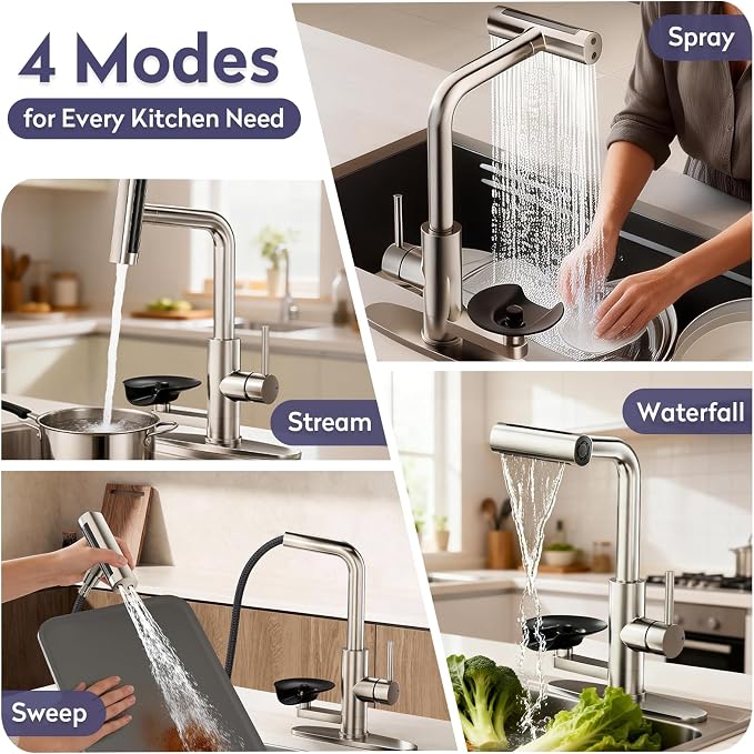 HOWUWEY Kitchen Faucet with Pull Down Sprayer & Cup Washer, Glass Rinser Faucet for Kitchen Sink, Single Handle Waterfall 1 or 3 Hole Tap for Bar Sink Farmhouse Camper Laundry Rv (Brushed Nickel)