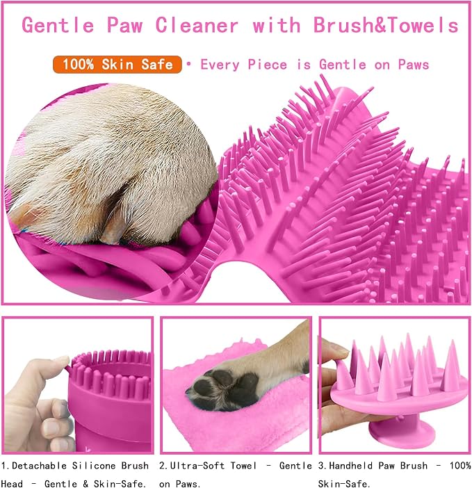 Paw Cleaner for Small/Medium Dogs - Grabs Loose Fur with Top Brush | Clean muddy paws fast. Attached top brush grabs loose fur. No extra tools. Comes with bath brush & 3 towels. Less fur. Pink
