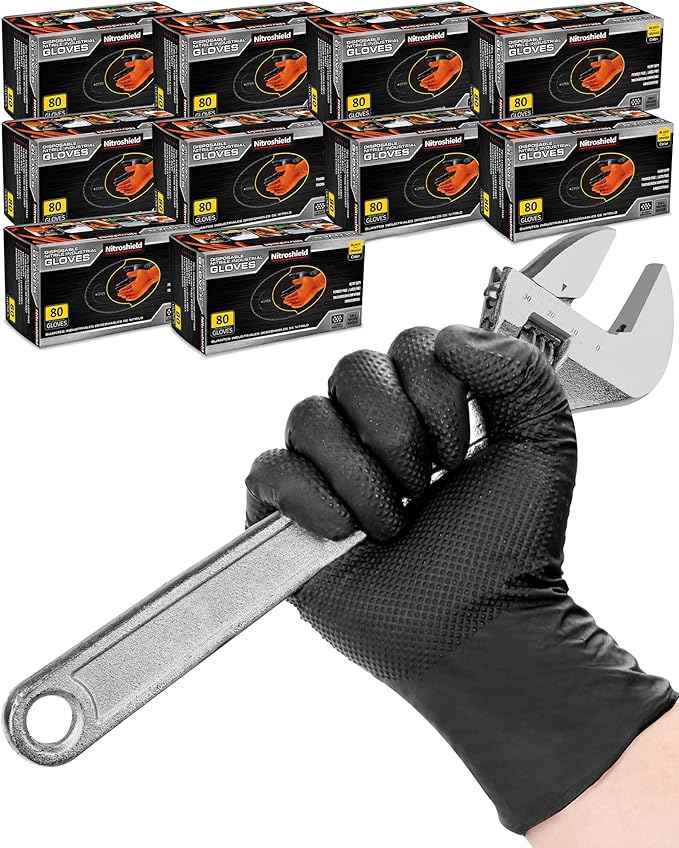 nitroshield 9mil Heavy Duty Disposable Nitrile Gloves, Black XLarge 800Pcs -Chemical Resistant, Latex Powder Free Rubber Gloves Diamond Texture for Automotive, Mechanics, Cooking,BBQ, Industrial Use