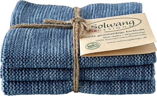 Solwang 3-Piece Danish Cotton Dishcloths in 100% Certified Organic Cotton Made in India (Medium Denim Organic Trio)