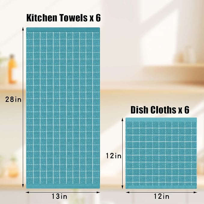 Homaxy Kitchen Towels and Dishcloths Set, 12 x 12 and 13 x 28 Inches, Set of 10 Bulk Cotton Terry Kitchen Towels Set, Checkered Designed, Soft and Super Absorbent Dish Towels, Lake Blue