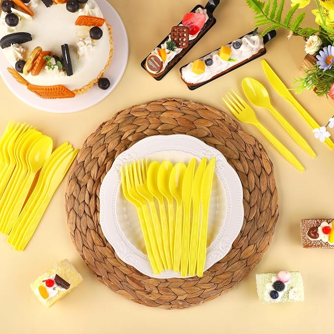 Kochorie 90 Pieces Yellow Plastic Cutlery Set Disposable Plastic Utensils Heavy Duty Flatware Set Includes 30 Knives 30 Forks 30 Spoons for Birthday Wedding Party, Picnic
