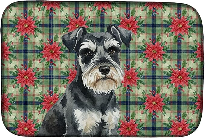 Caroline's Treasures Black & Silver Miniature Schnauzer Christmas PoinsettIas Dish Drying Mat Absorbent Dish Drying Mat Pad for Kitchen Counter Dish Drainer Mat for Countertop, 14 x 21", Multicolor