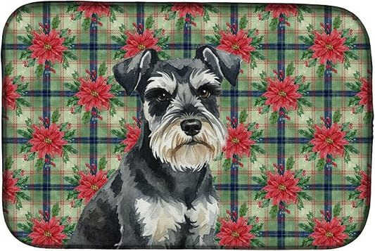 Caroline's Treasures Black & Silver Miniature Schnauzer Christmas PoinsettIas Dish Drying Mat Absorbent Dish Drying Mat Pad for Kitchen Counter Dish Drainer Mat for Countertop, 14 x 21", Multicolor