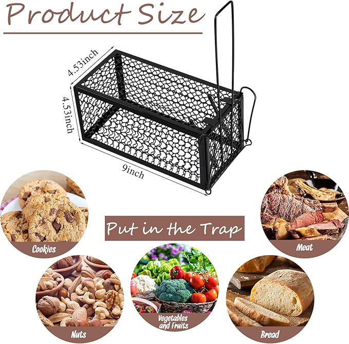 Qualirey 4 Pcs Humane Rat Trap Chipmunk Rodent Mouse Squirrel Trap 9.1 x 4.5 x 4.5 Inches Live Animal Mouse Voles Hamsters Live Cage Rat Cage for Mice Easy to Catch and Release (Black)