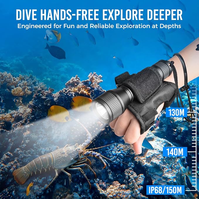 ORCATORCH D550 Scuba Dive Light 1000 Lumens Underwater Flashlight with 3 Modes, Tail Switch, IP68 Waterproof, Hands-Free Backup Dive Light with Wrist Strap