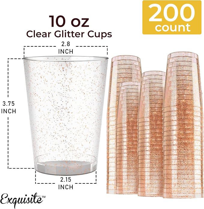 Exquisite Rose Gold Plastic Cups Disposable, Clear Plastic Tumblers 10 Oz. 200 Ct. - Glitter Tumblers, Rose Gold Glitter Cups Disposable For Party, Weddings, Cocktail Glasses & Wine Glasses