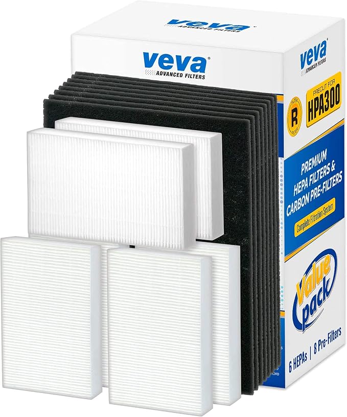 VEVA HPA300 Filter Replacement Compatible with Honeywell Air Purifier - 6 Pack of HEPA Filters w/ 8 Precut Activated Carbon Pre-Filters & Replacement Filter R