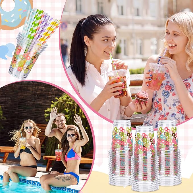Domensi 25 Sets Donut Themed Plastic Cups with Lids and Paper Straws 12oz Colorful Disposable Drinking Cups Bulk for Cold Drinks Baby Shower Wedding Picnic Summer Theme Birthday Party Supplies