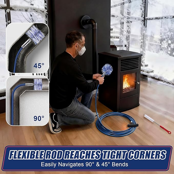 Dreyoo Pellet Stove Cleaning Brush Kit, 20 FT Flexible Steel Rod with 4" Brush Head, T Handle, Multi Purpose Flue Detail Cleaner, Nylon Stove Flue Pipe Kit for Pellet Furnace Exhaust Pipes