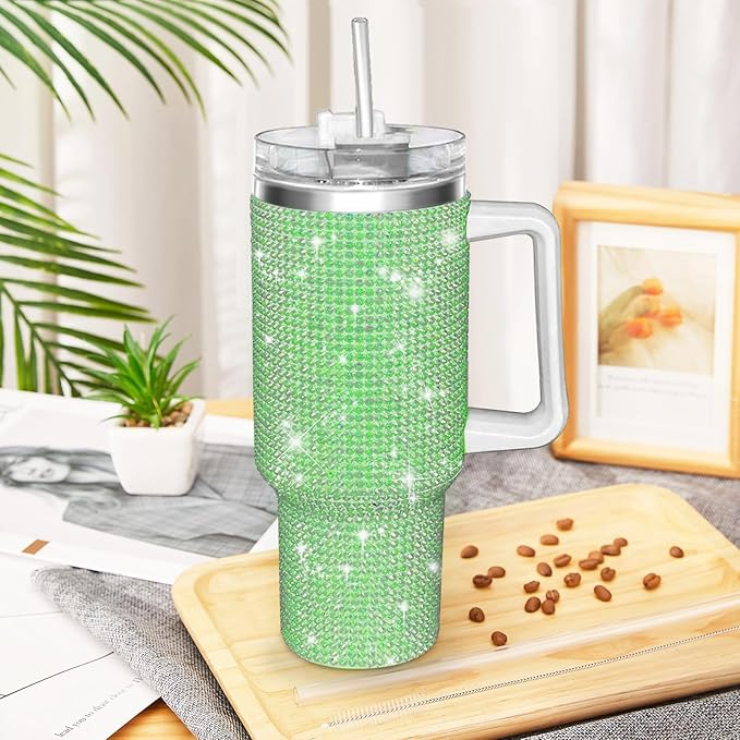 HWISDMIG 40oz Tumbler with Handle-Glitter Rhinestones Tumbler Bling Cups Stainless Steel Water Bottle Diamond Studded Tumbler for Women-Birthday Gifts for Women, Mom, Girlfriend (Green)