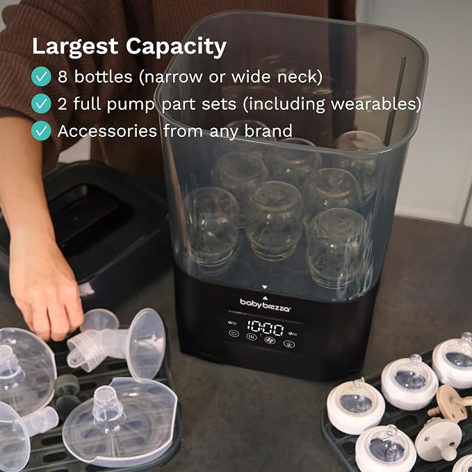 Baby Brezza 10 Minute SuperQuick Bottle Sterilizer + Dryer - Large 8 Bottle Capacity - Steam Sanitization – Universal Fit for All Bottles: Plastic + Glass + Pacifiers + Breast Pump Parts, Matte Black