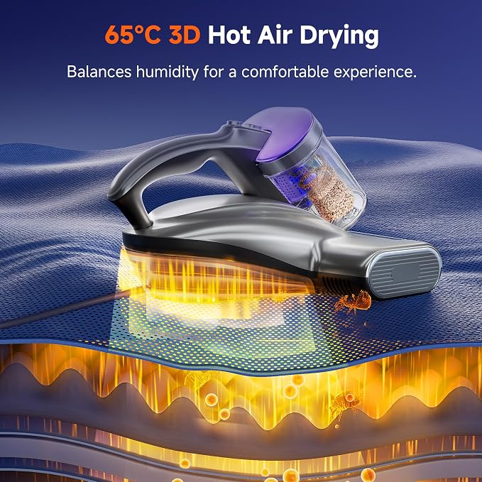 uwant Mattress Vacuum Cleaner, 18KPa Bed Vacuum with 253.7nm UV-C Light, 500W Powerful Handheld Vacuum with 65° Hot Air, 60000 RPM/Min Tapping, Ultrasonic, HEPA Filter for Bed, Sofa, Crib Set of 1