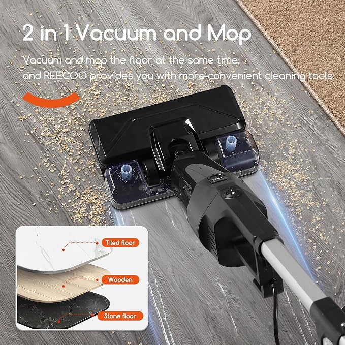 REECOO Lightweight Vacuum Cleaners for Home, Unique Vacuum and Mop Combo - 3 Dust Filters/Microfiber Pads, Corded Stick Vacuums & Electric Brooms - 600W 25Kpa Suction for Kitchen, Bedroom, Living Room