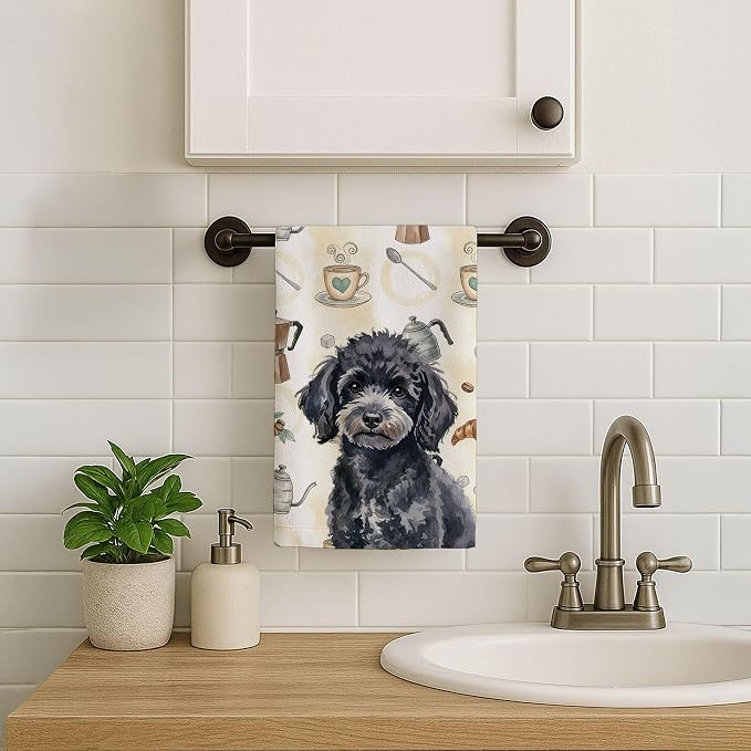 Caroline's Treasures Toy Black Poodle Coffee Bar Kitchen Towel Velour Plush Front and Cotton Loop Back Machine Washable