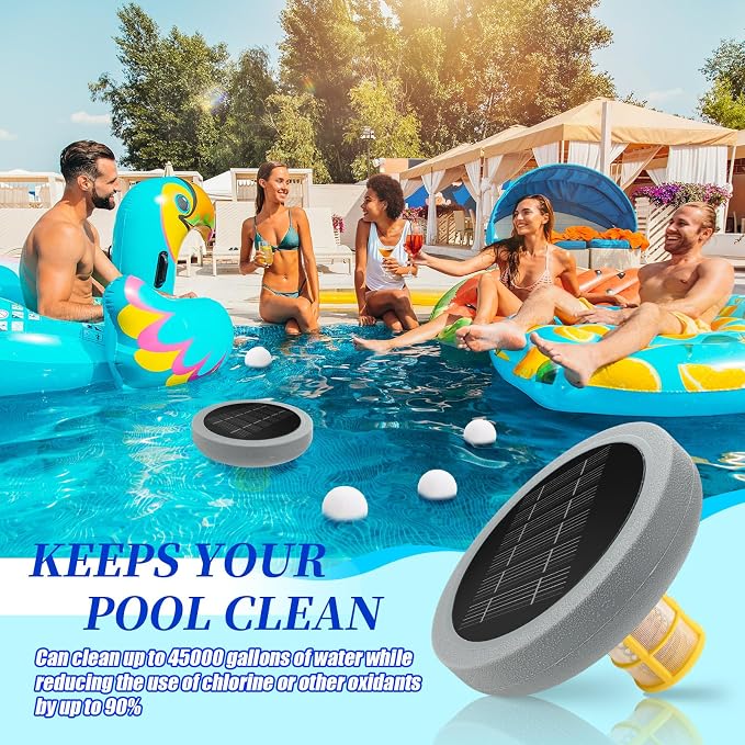Qualirey Solar Pool Ionizer, Up to 45,000 Gallons,Floating Solar Copper Ionizer, Reduces Chlorine Use by 90%, with 4 Scum Absorber Balls for Above Ground Inground Pools Spas(Grey,Round)