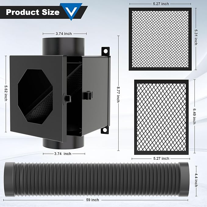 Dryer Lint Trap, Metal Dryer Duct Lint Trap Lint Catcher Collector Box with 90 Degree Dryer Vent Elbow Connector Kit 2 Filter Screens 4 inch Exhaust Hose Clamps Aluminum Foil Tape Cleaning Brush
