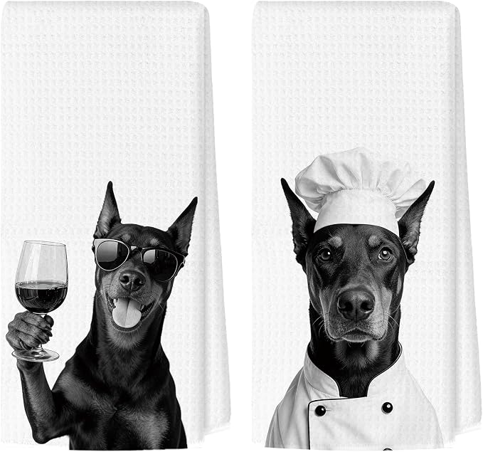 Funny Doberman Kitchen Towels Set of 2, Dog Kitchen Bar Accessories, Dog Chef Gifts for Women Decorative Hand Towels for Kitchen Decor, Doberman Lovers Dish Tea Towel, 16x24 Inch